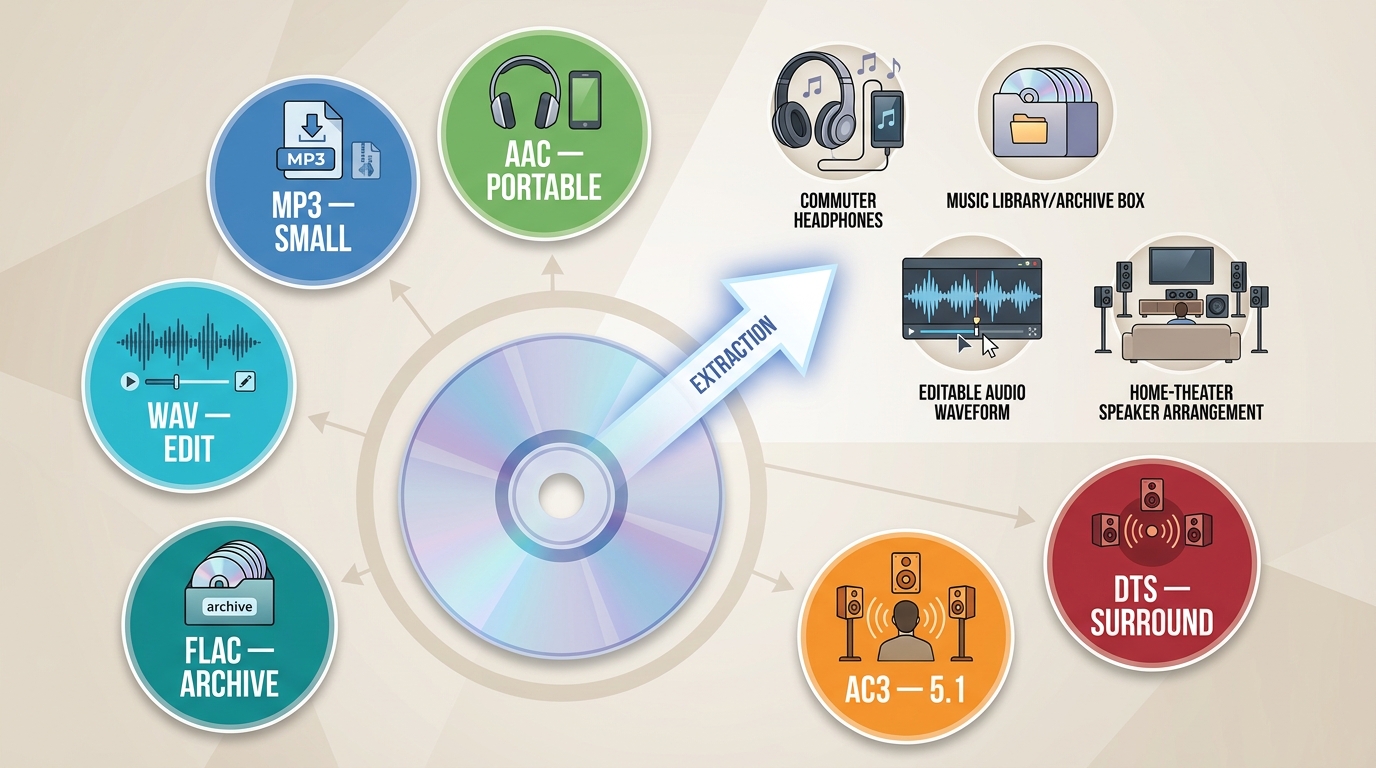 DVD audio format guide comparing MP3, AAC, WAV, FLAC, AC3, and DTS uses.