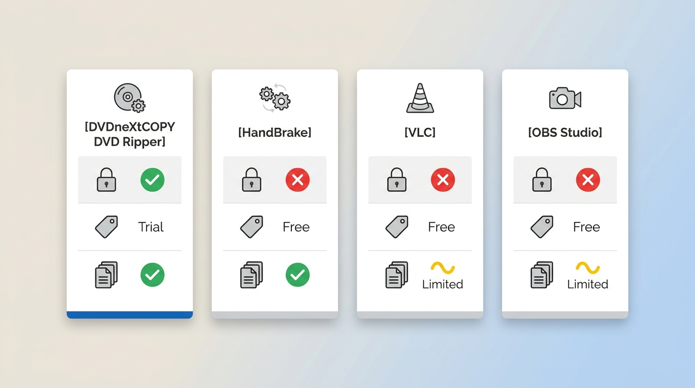 Comparison of DVDneXtCOPY, HandBrake, VLC, and OBS for DVD ripping: copy protection support, cost, a