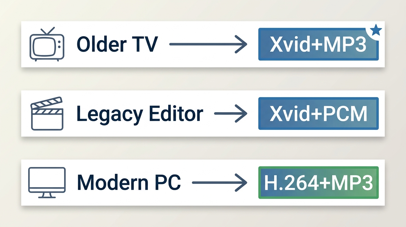 AVI codec recommendations by target device: Xvid+MP3 for older DVD players, H.264-in-AVI for modern 