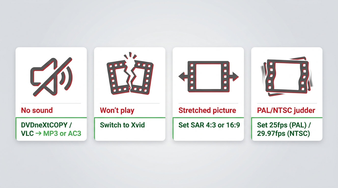Troubleshooting guide mapping AVI playback symptoms—no sound, won't play, stretched picture, PAL/NTS