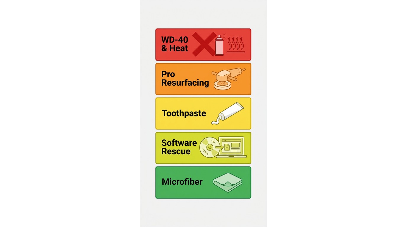 DVD repair methods ranked from safest cleaning to risky WD-40 and heat treatments