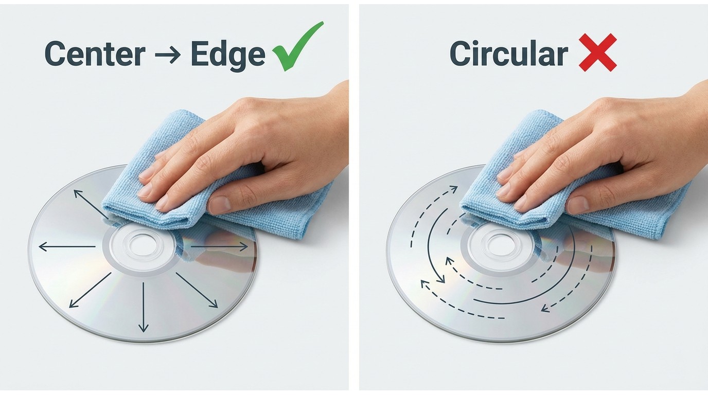 Correct center-to-edge DVD wiping motion compared with incorrect circular wiping