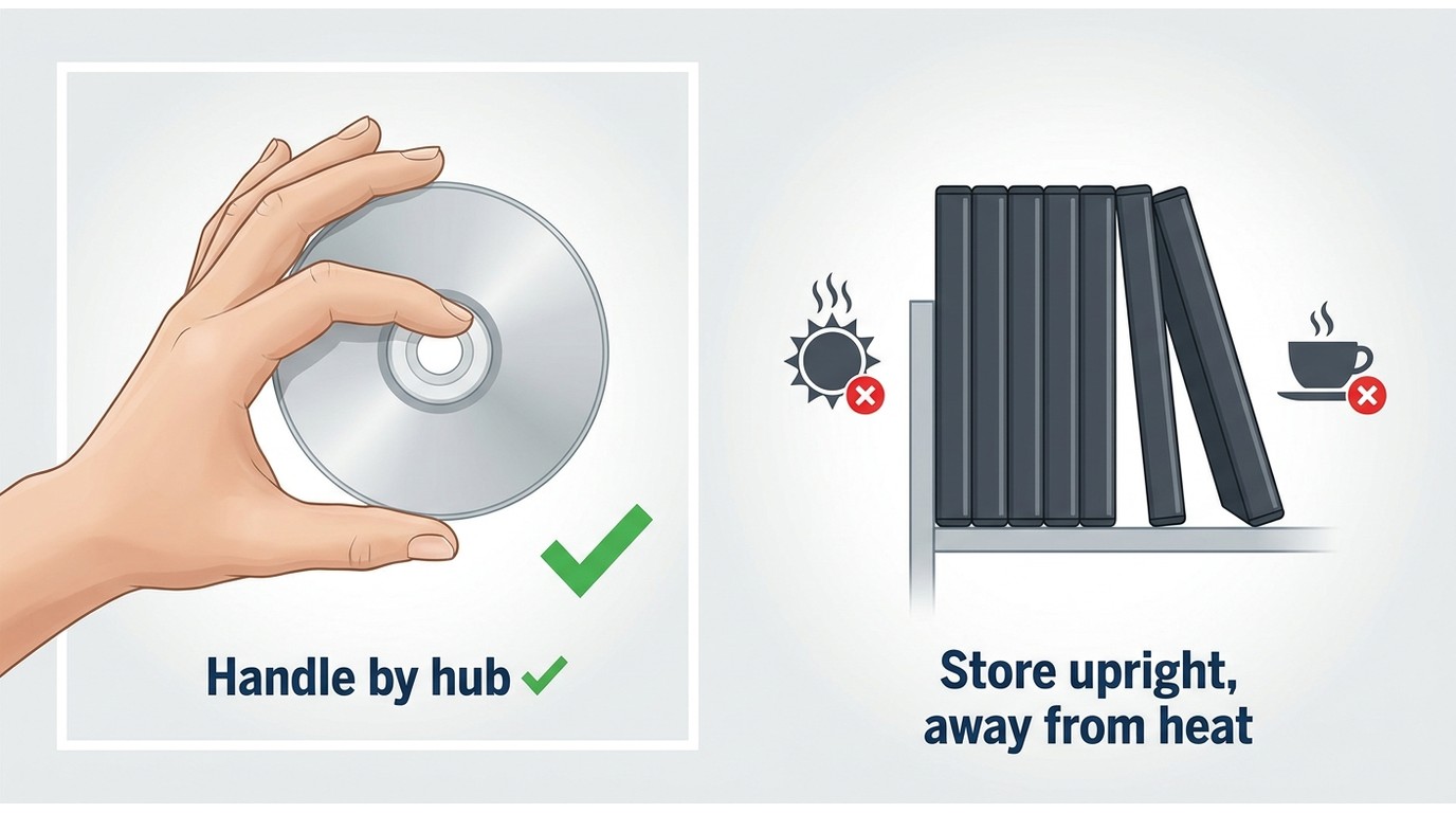 Correct DVD handling by hub and edge and vertical case storage away from heat