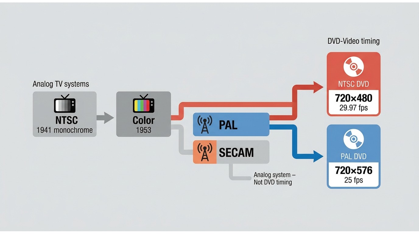Timeline linking NTSC, PAL, and SECAM history to NTSC and PAL DVD-Video timing.