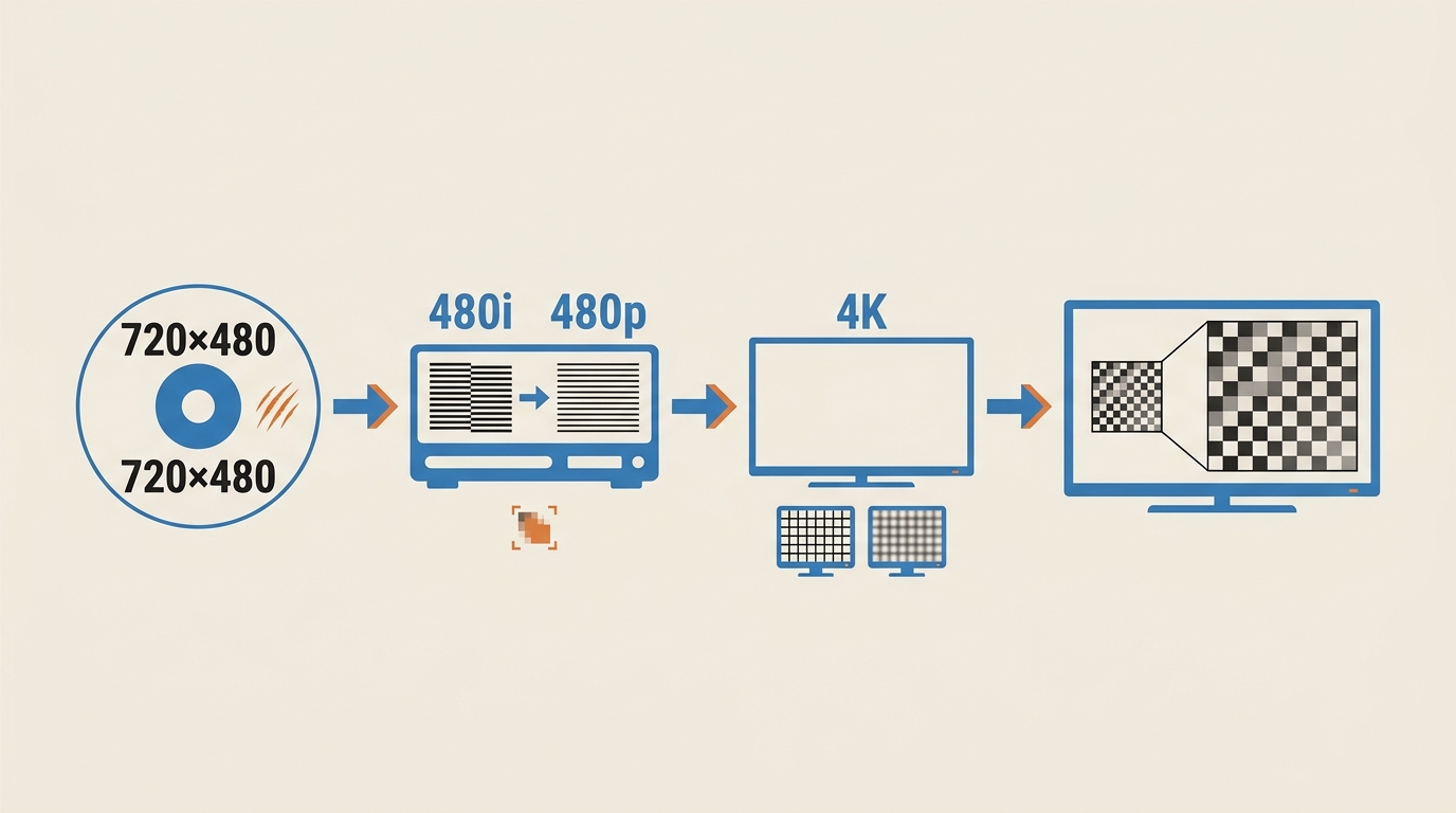 How a 720×480 DVD is deinterlaced and upscaled for playback on a 4K TV