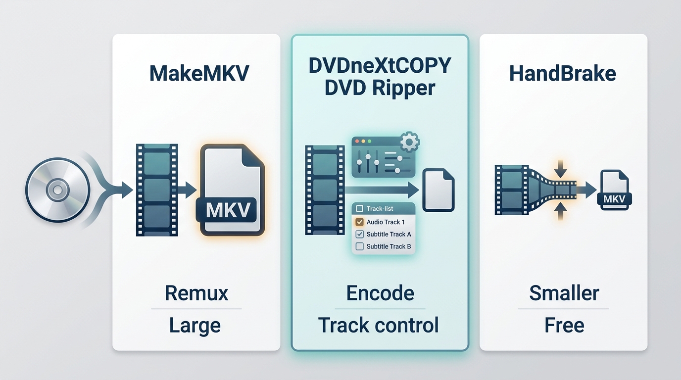 Comparison of MakeMKV, DVDneXtCOPY DVD Ripper, and HandBrake for MKV output and file size.