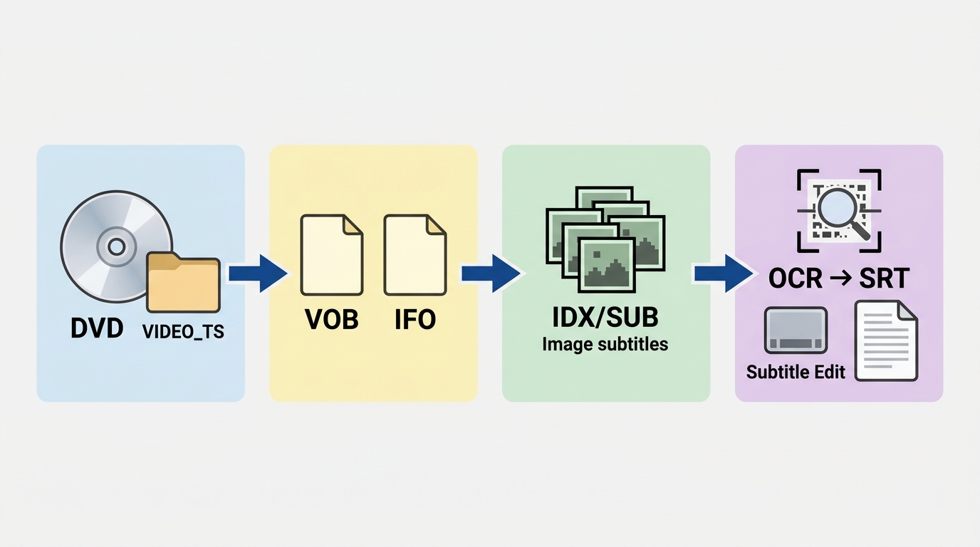 DVD VOB and IFO subtitle streams converted to IDX/SUB or OCR-generated SRT.