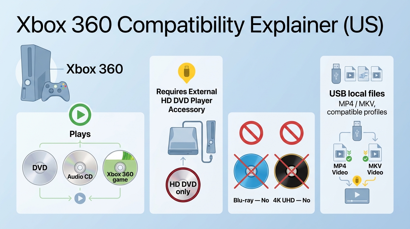 Xbox 360 support for DVDs, HD DVD, Blu-ray discs, and local MP4 or MKV files