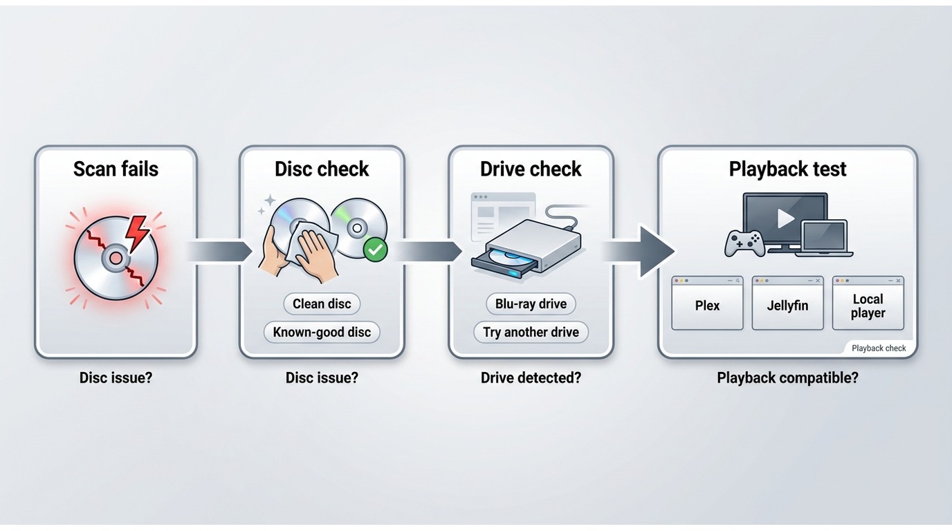 Blu-ray scan troubleshooting from disc checks to drive and Plex or Jellyfin playback