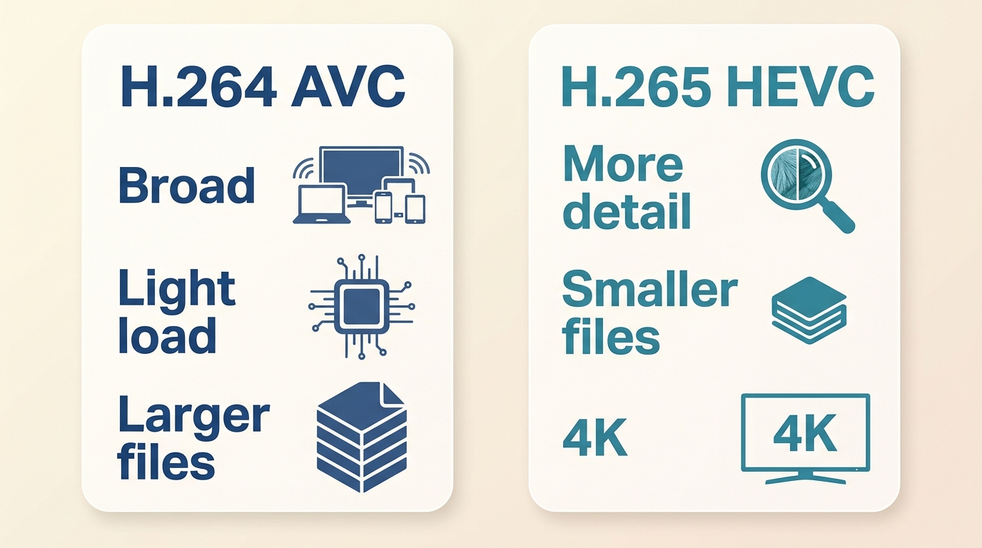 Comparison of H.264 and H.265 for file size, quality, processing load, and playback use.