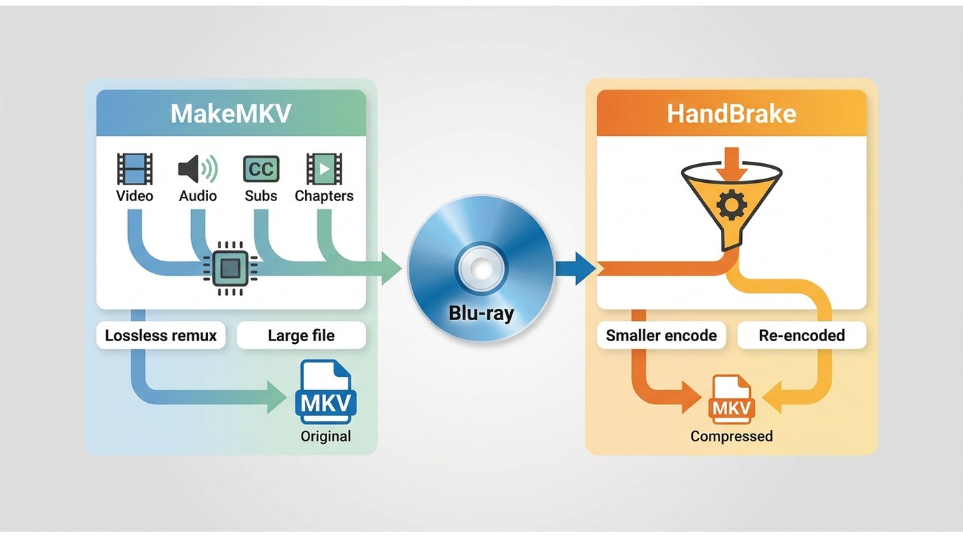 MakeMKV lossless remux versus HandBrake smaller MKV encode workflow