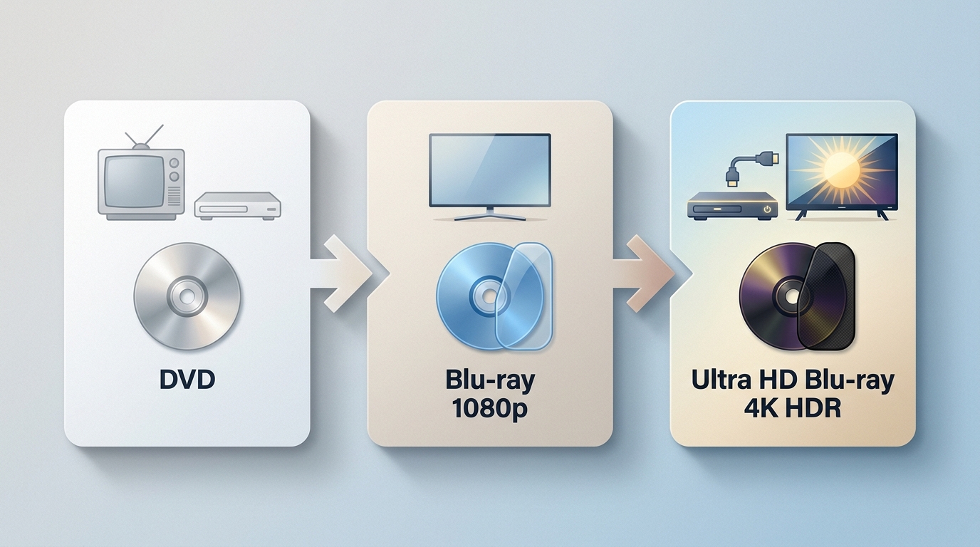 Decision guide for choosing DVD, Blu-ray, or Ultra HD Blu-ray by player and TV setup.