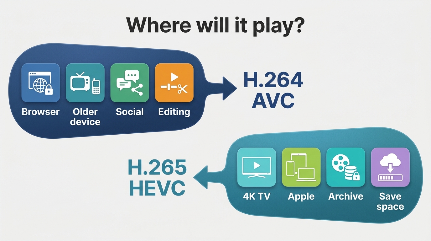 Codec choice path for browser editing and older devices versus 4K storage and modern hardware.