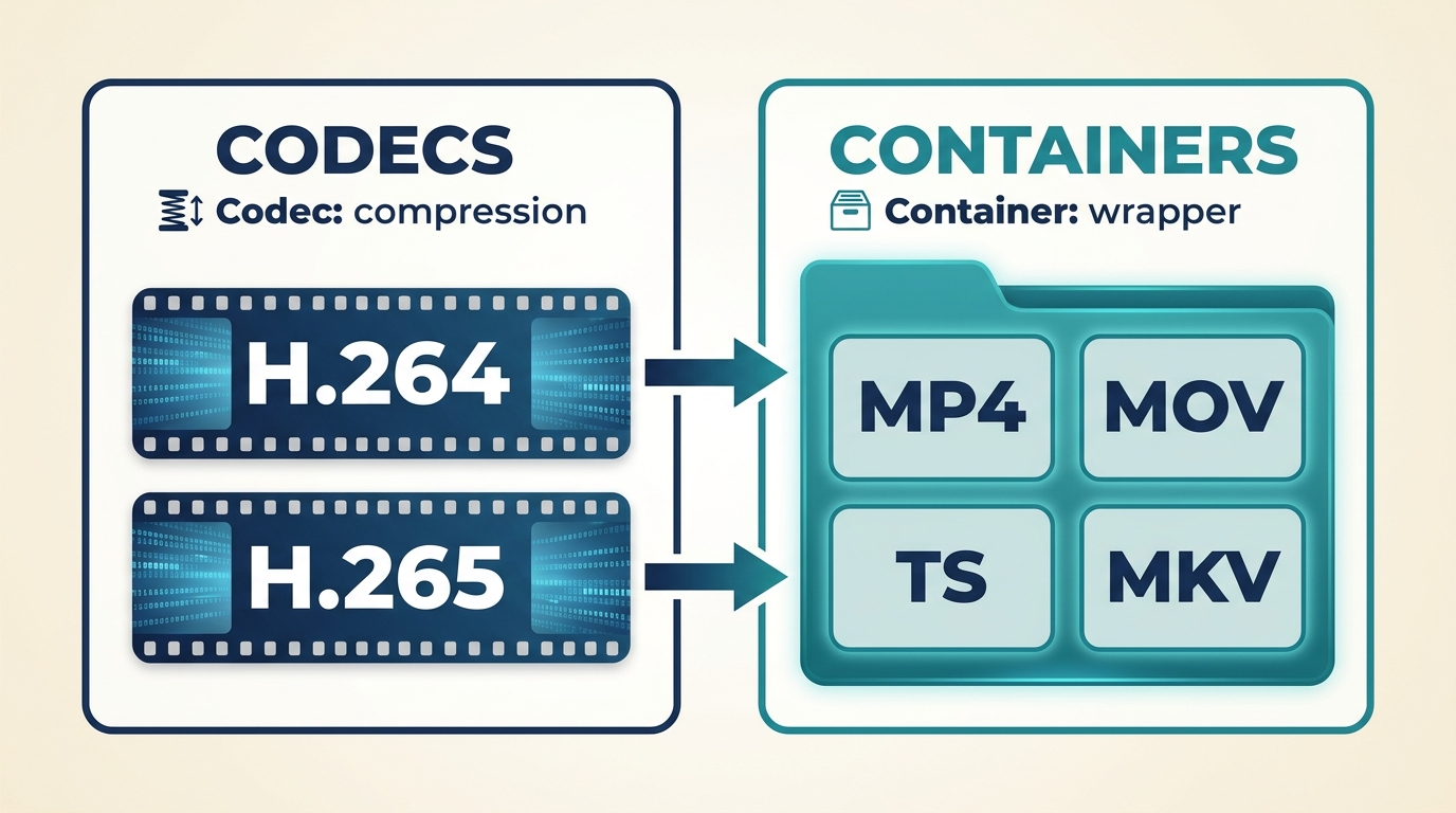 How H.264 and H.265 codecs can be stored in MP4, MOV, TS, and MKV containers.