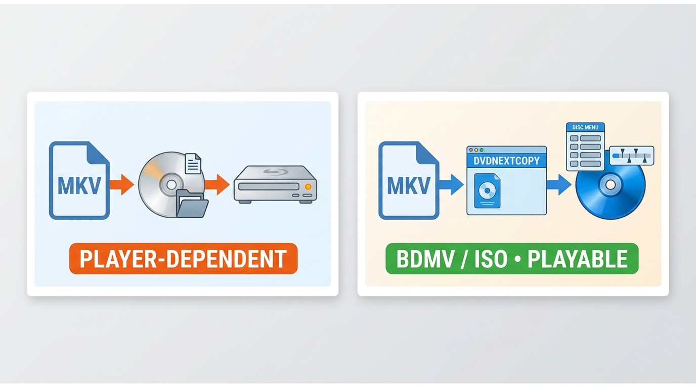 MKV data disc versus authored BDMV or ISO workflow for Blu-ray player compatibility.