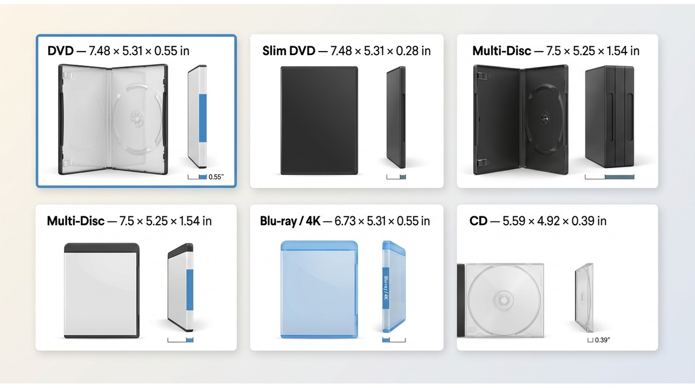 DVD, Blu-ray, 4K UHD, and CD case dimensions with spine thickness comparison