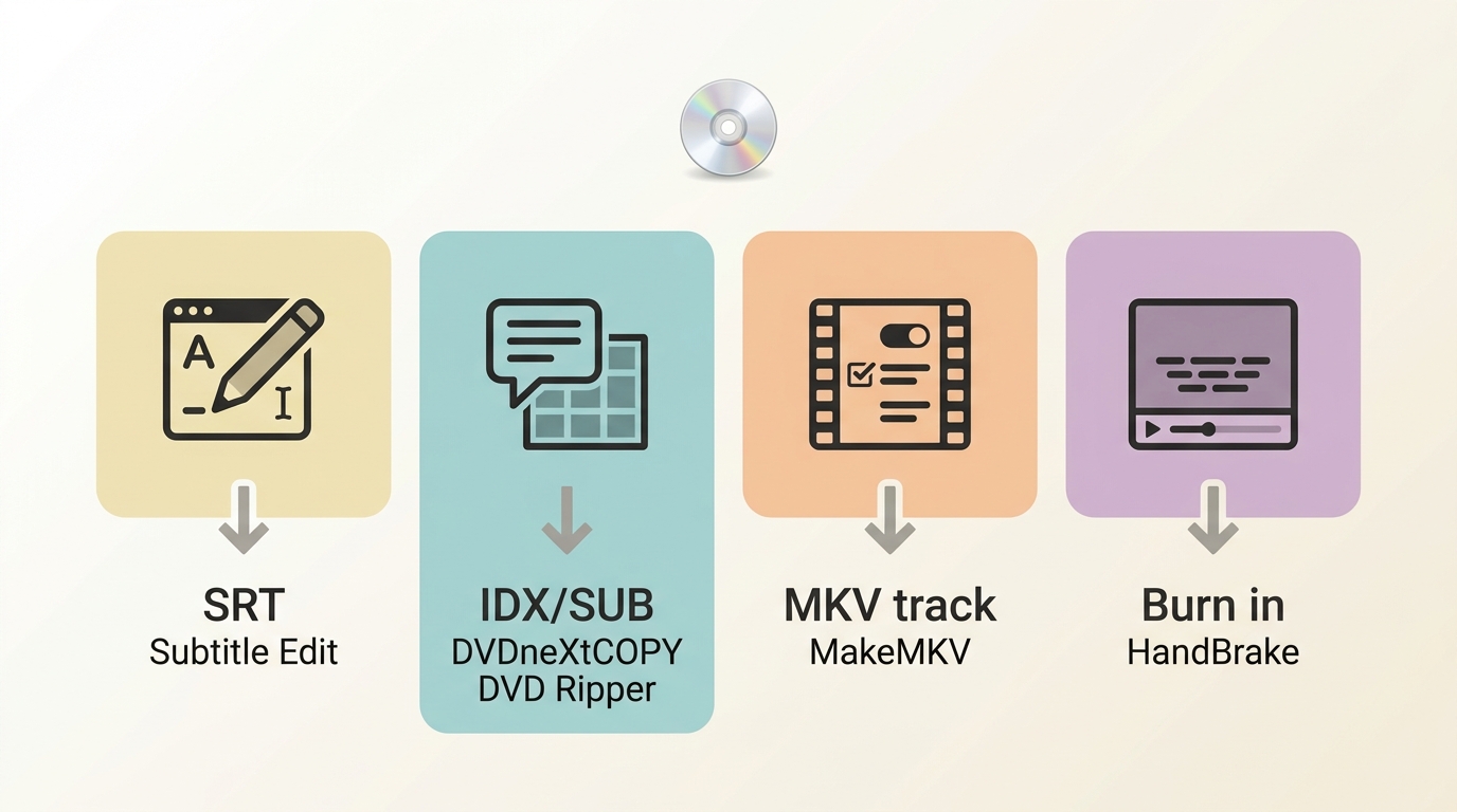 DVD subtitle output choices linking SRT, IDX/SUB, MKV tracks and burned subtitles to tools.