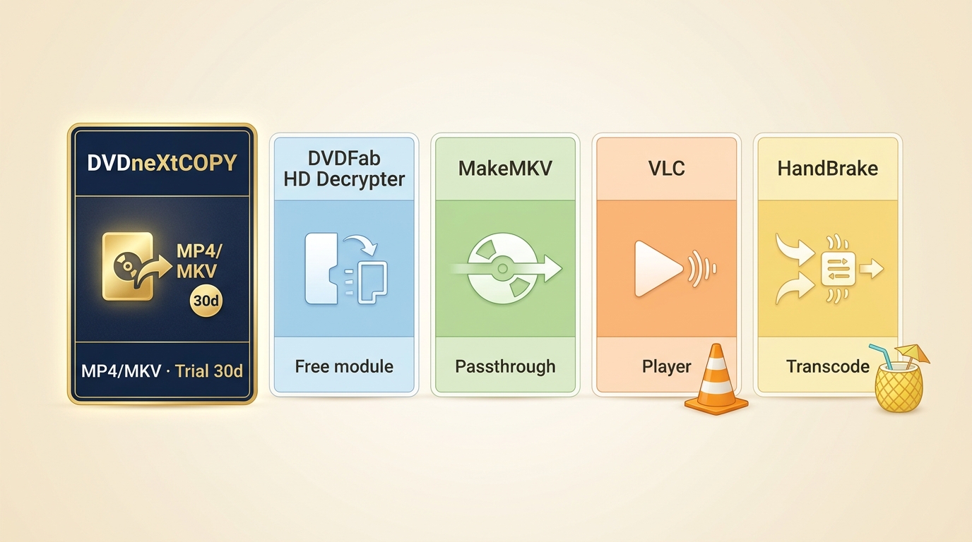 Comparison of DVDneXtCOPY, DVDFab, MakeMKV, VLC, and HandBrake by output and use.