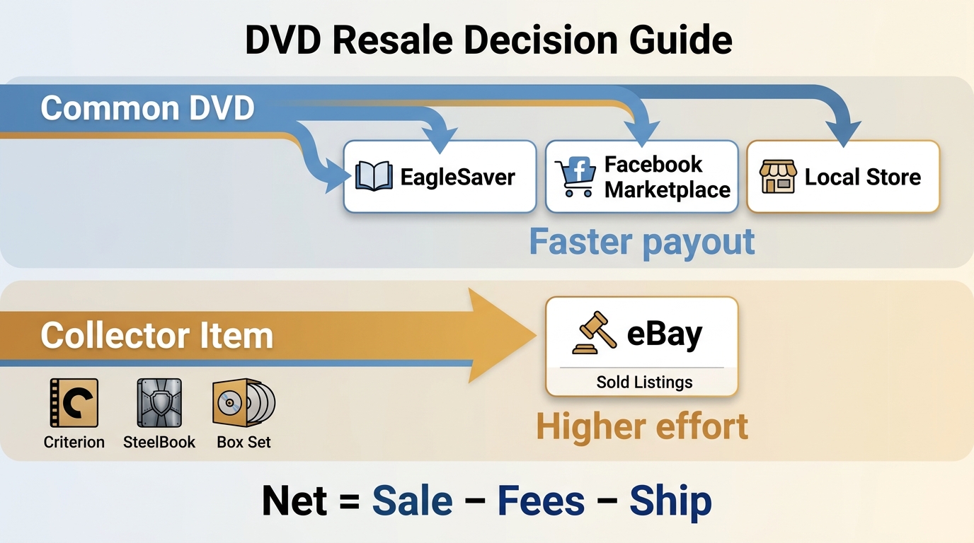 DVD resale routes compare eBay, EagleSaver, and Facebook Marketplace net payout factors.