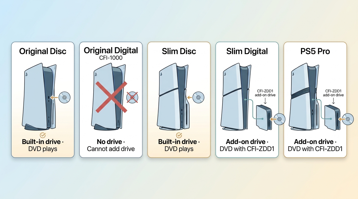 PS5 DVD support by model, including CFI-1000, Slim Digital, PS5 Pro, and CFI-ZDD1.
