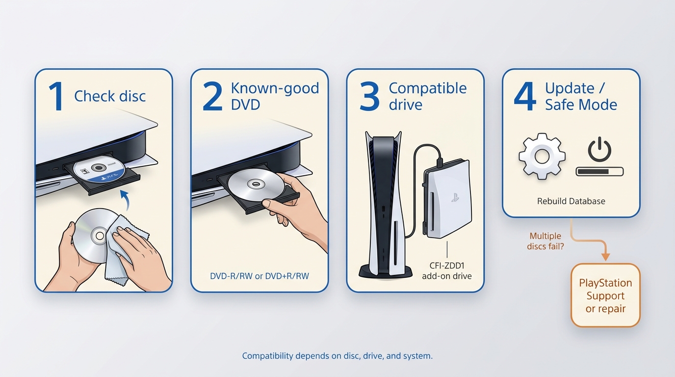 PS5 DVD troubleshooting from disc checks to Safe Mode and PlayStation repair.