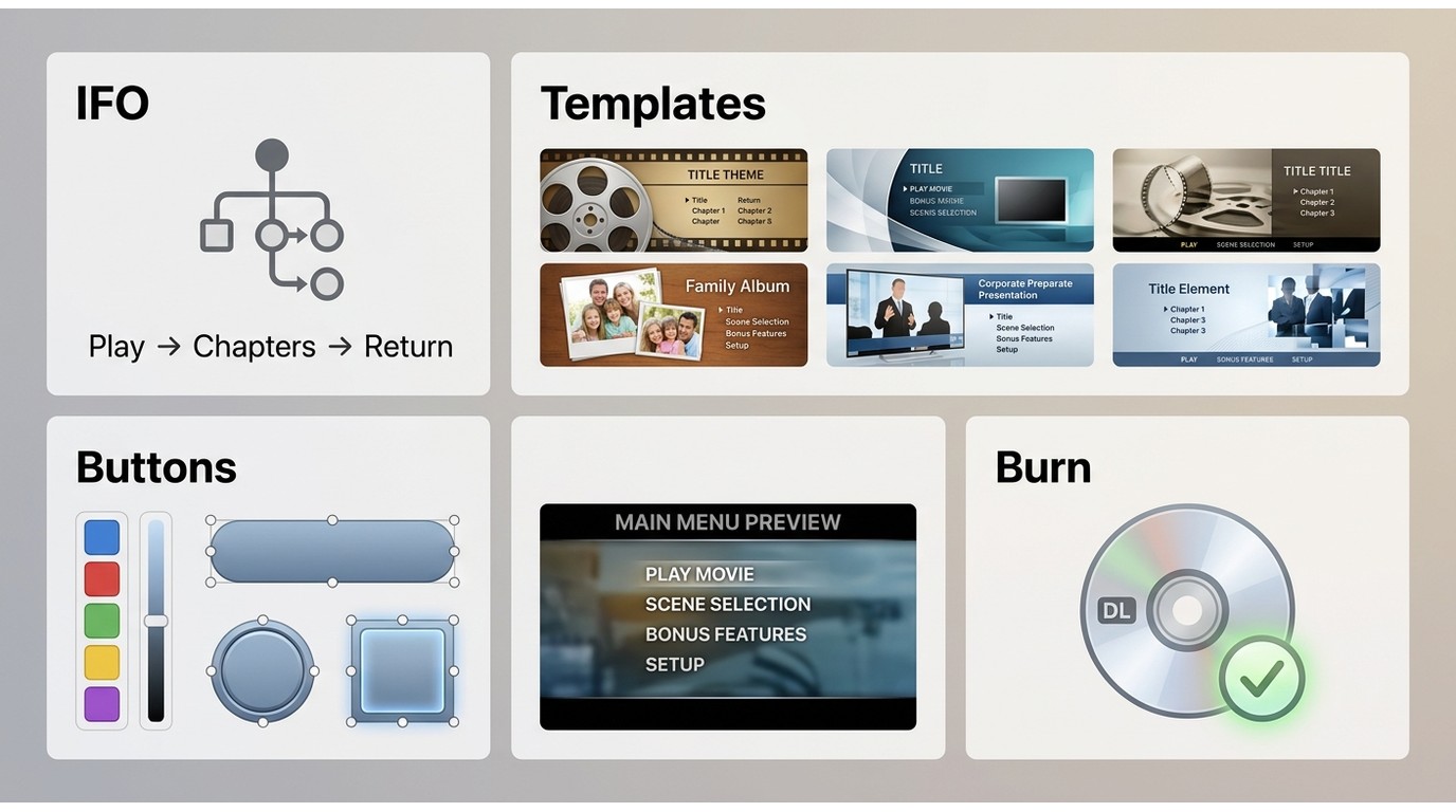 DVD menu testing criteria covering IFO integrity, templates, customization, and burning