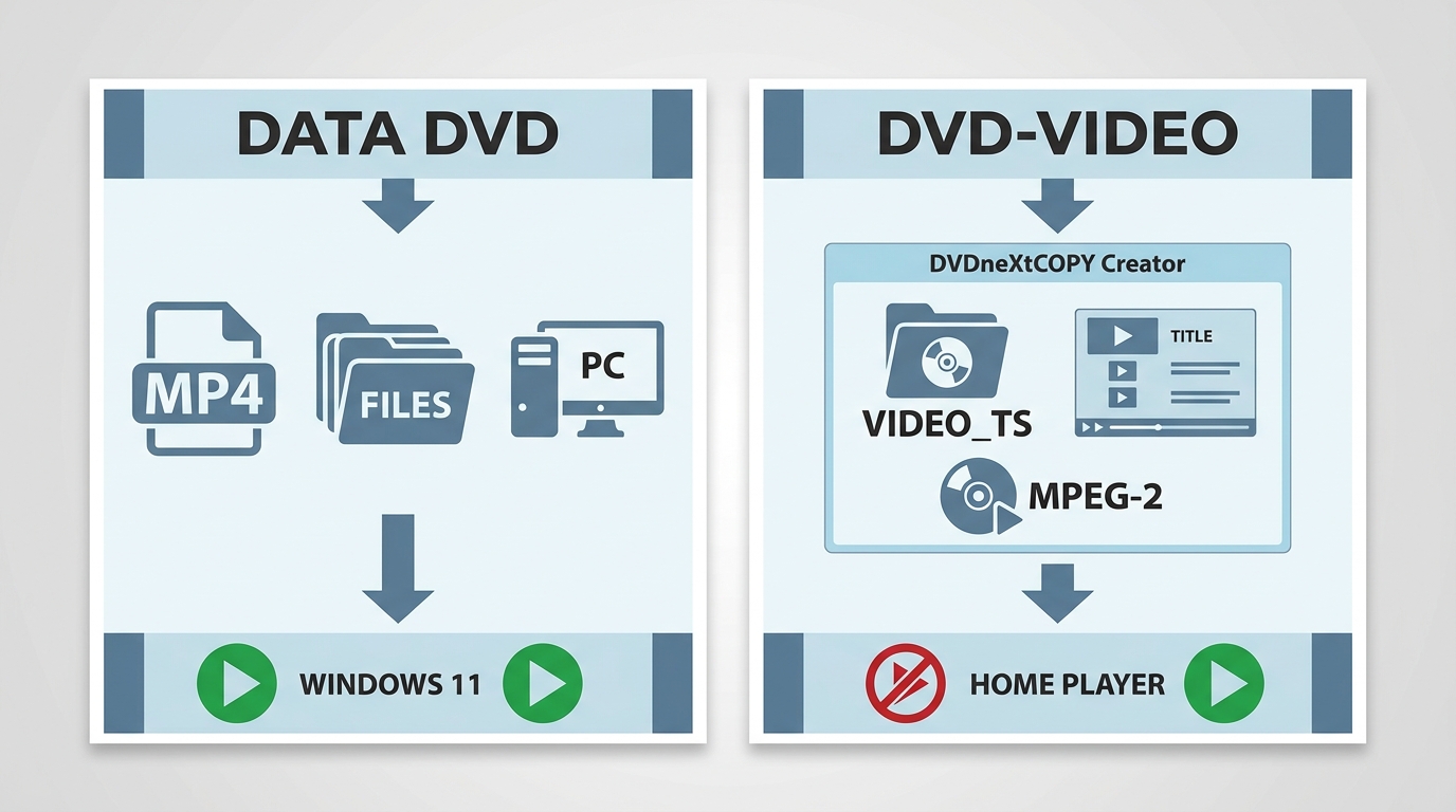 Data DVD versus DVD-Video playback on Windows 11 and a home DVD player