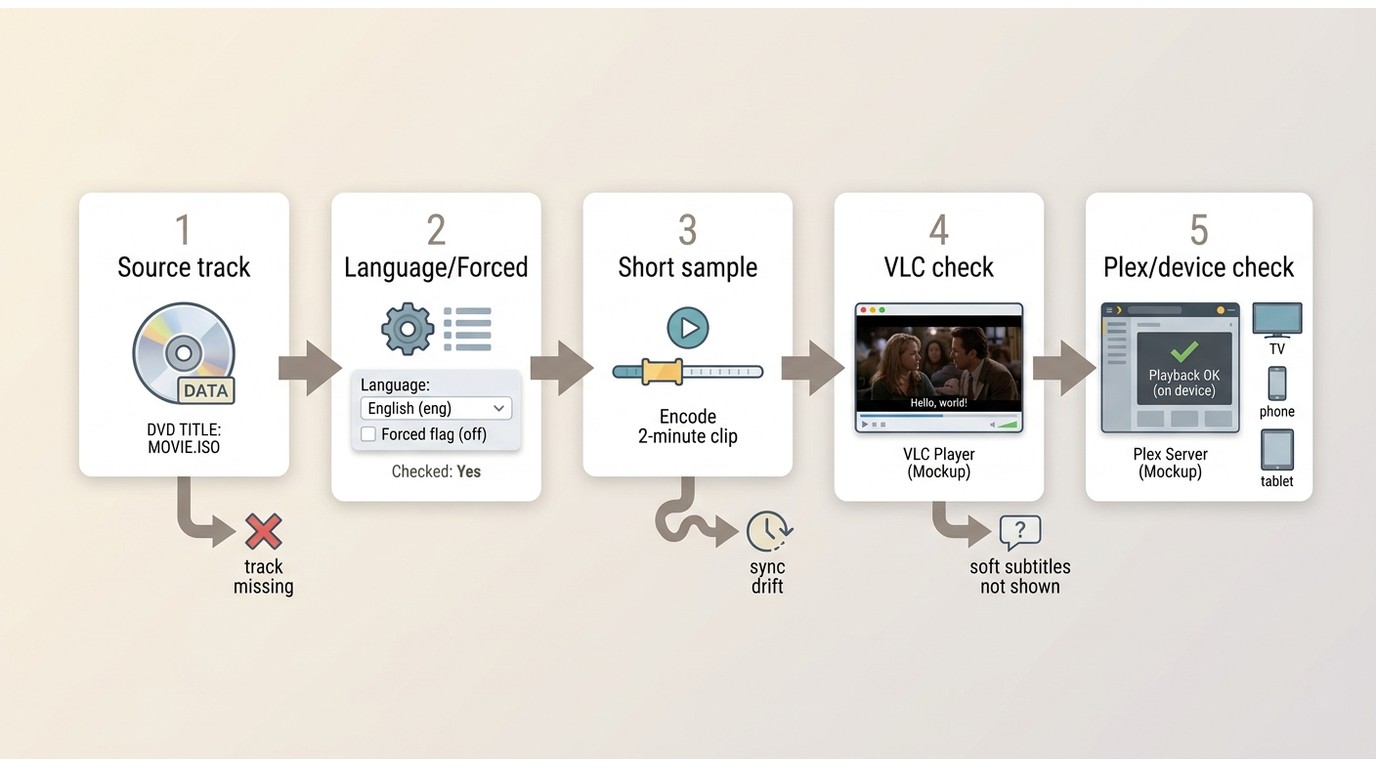 DVD subtitle troubleshooting from source track to VLC, Plex, and devices