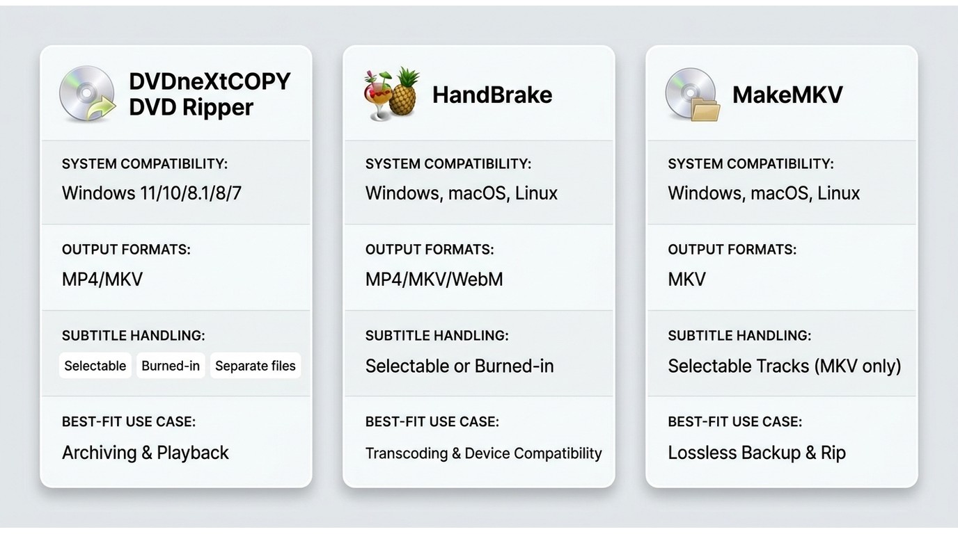 Comparison of DVDneXtCOPY, HandBrake, and MakeMKV subtitle options