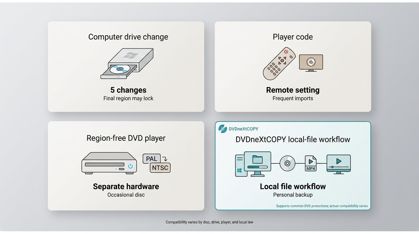 Comparison of DVD drive changes, player codes, region-free hardware, and DVDneXtCOPY