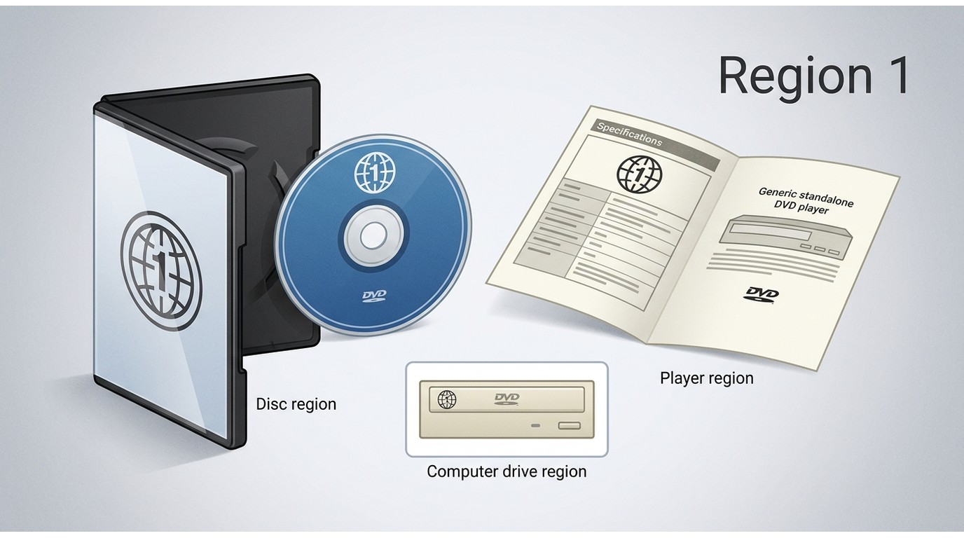 Region 1 globe mark on a DVD beside a compatible player specification