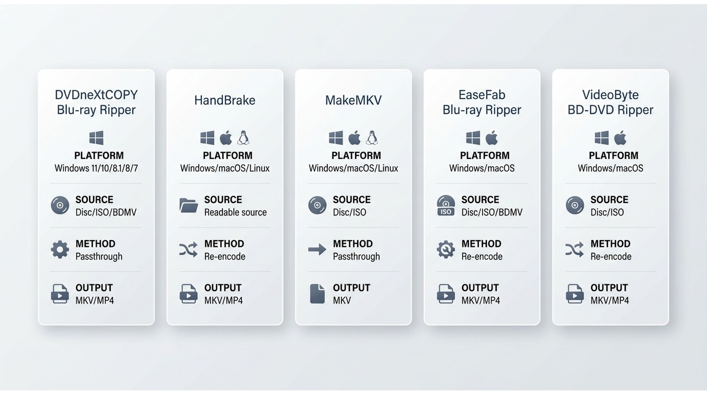 Comparison of DVDneXtCOPY, HandBrake, MakeMKV, EaseFab, and VideoByte