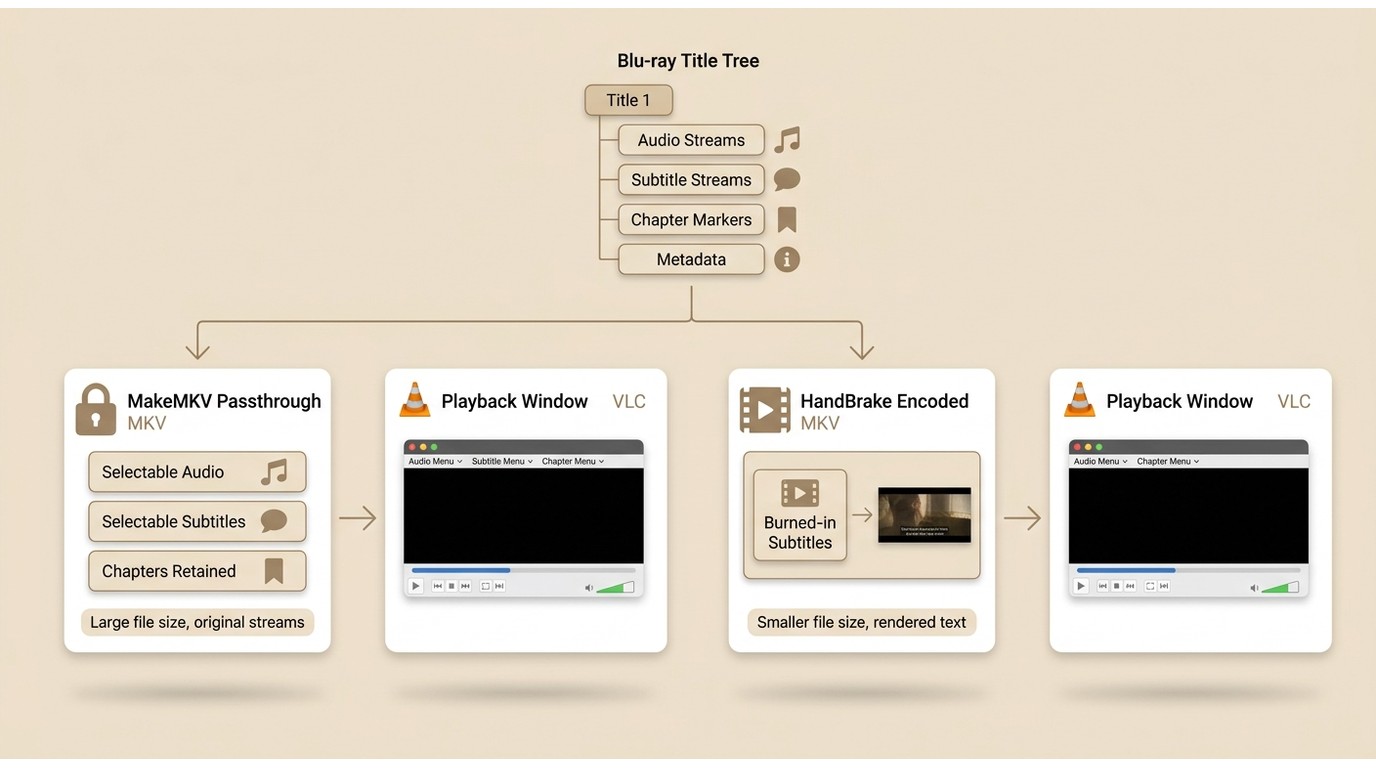 MakeMKV and HandBrake preserve Blu-ray tracks differently in VLC