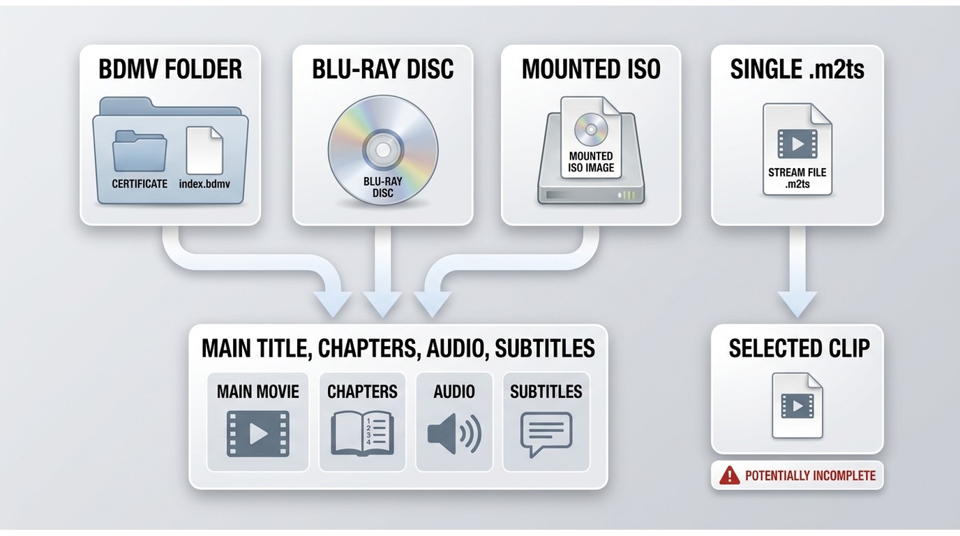 BDMV folder, disc, ISO, and M2TS source paths compared
