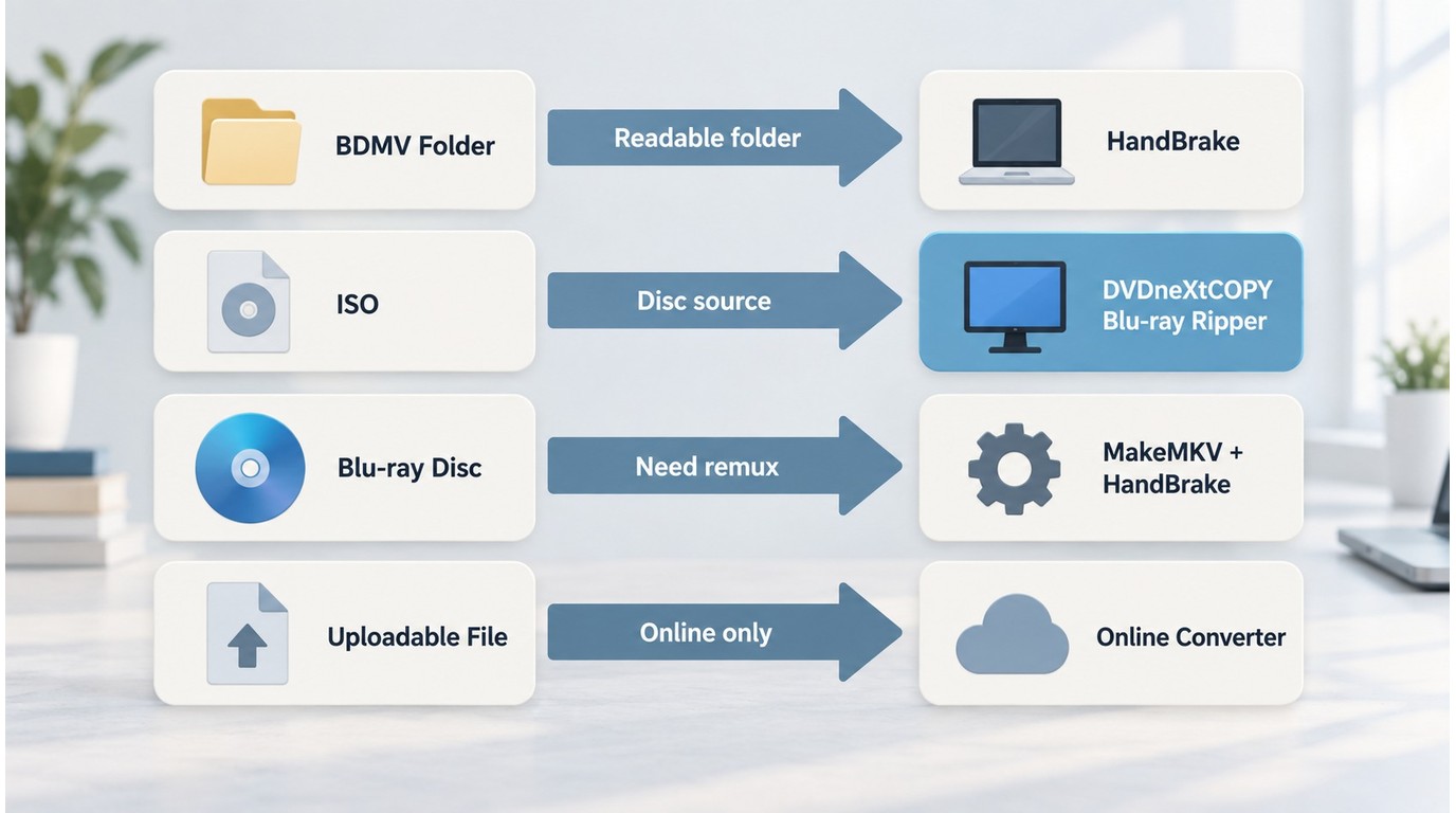 BDMV source types mapped to HandBrake, DVDneXtCOPY, MakeMKV, and online conversion