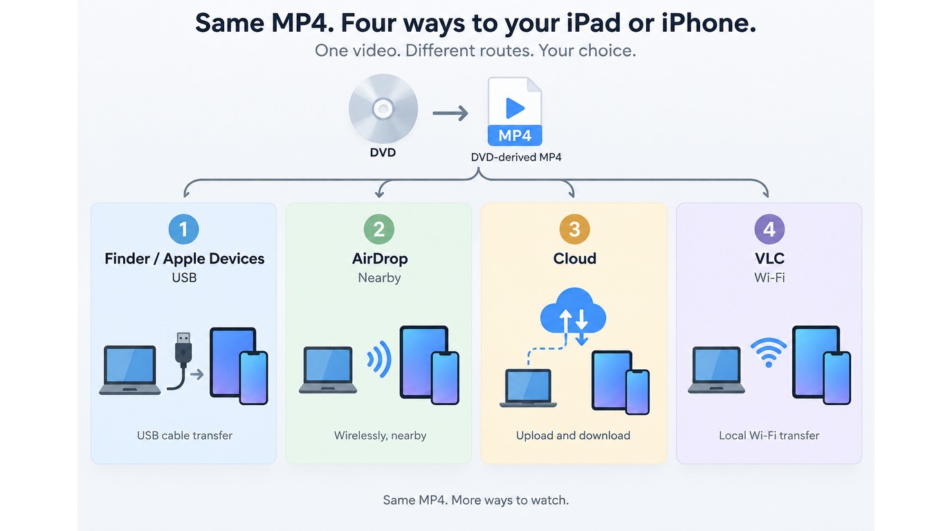 Comparison of USB sync, AirDrop, cloud storage, and VLC transfer