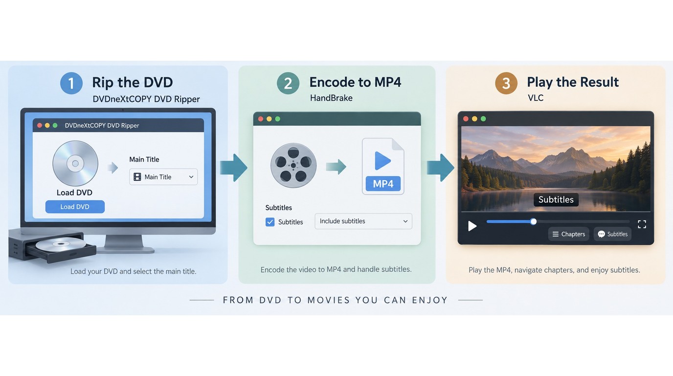 Workflow from DVDneXtCOPY loading to HandBrake encoding and VLC playback