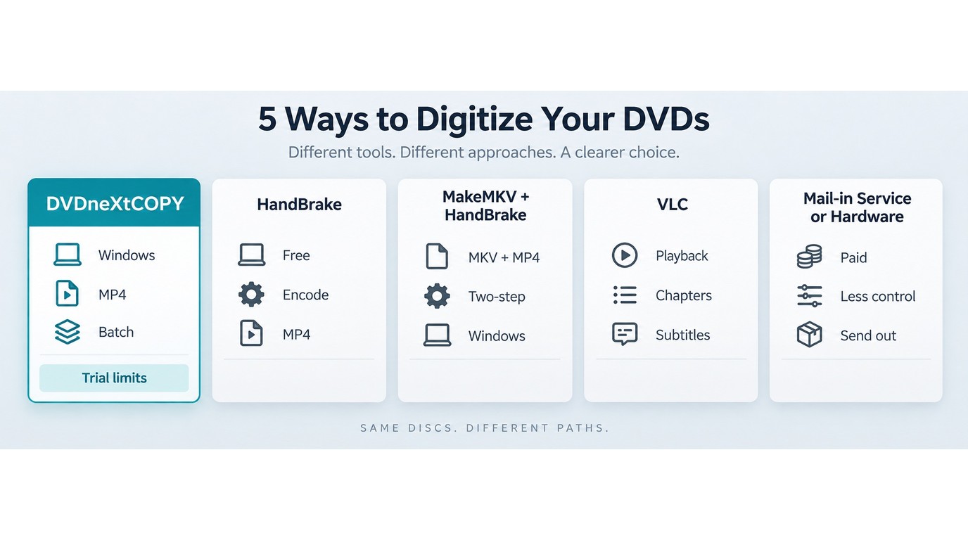 Comparison of DVDneXtCOPY, HandBrake, VLC, archives, and services