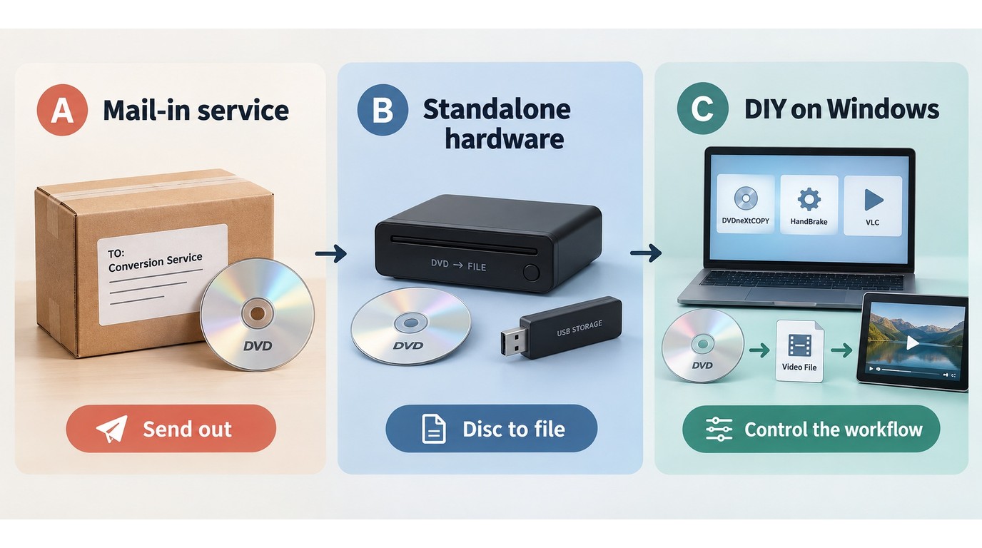 Mail-in service, standalone hardware, and DIY DVD conversion paths