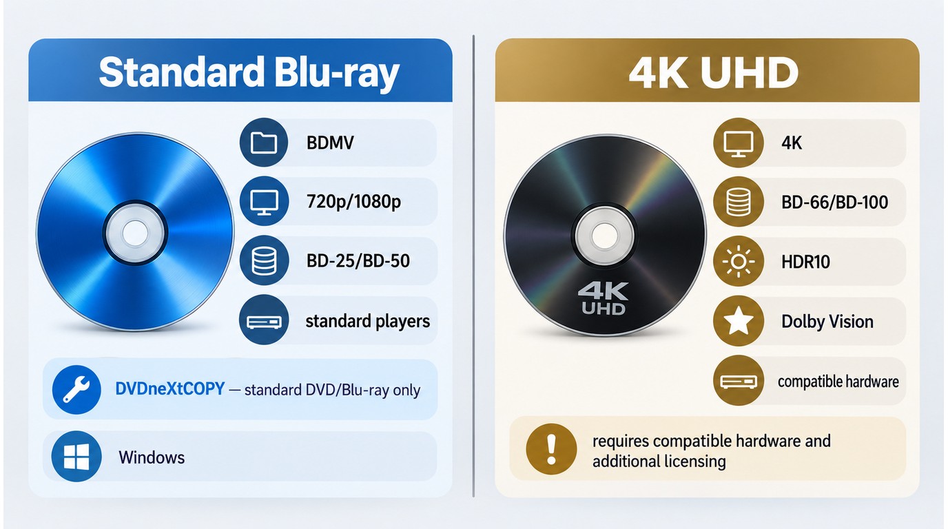 Standard Blu-ray and 4K UHD requirements compared by resolution and disc capacity