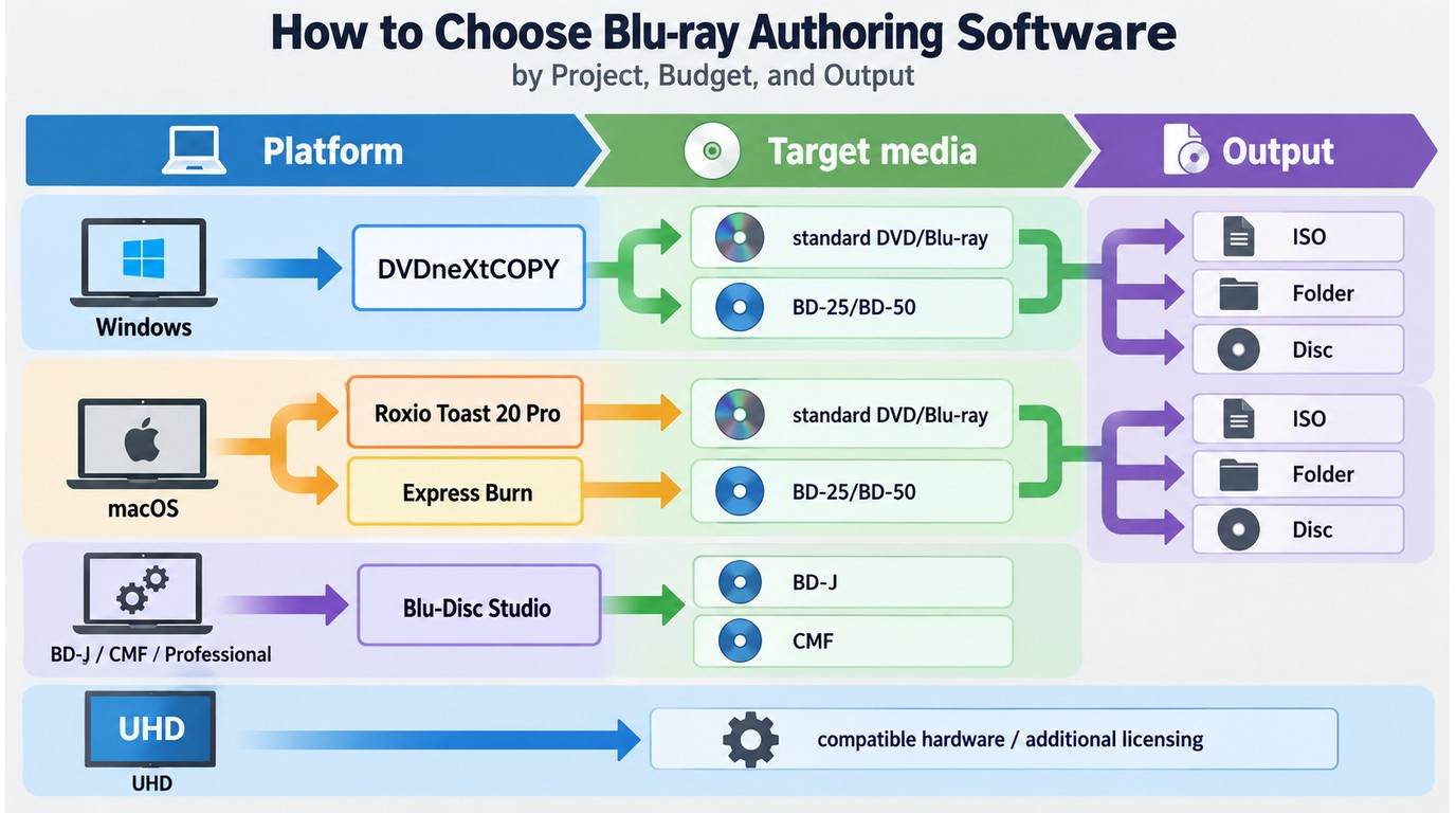 Decision path from Windows or macOS to Blu-ray, ISO, or UHD output