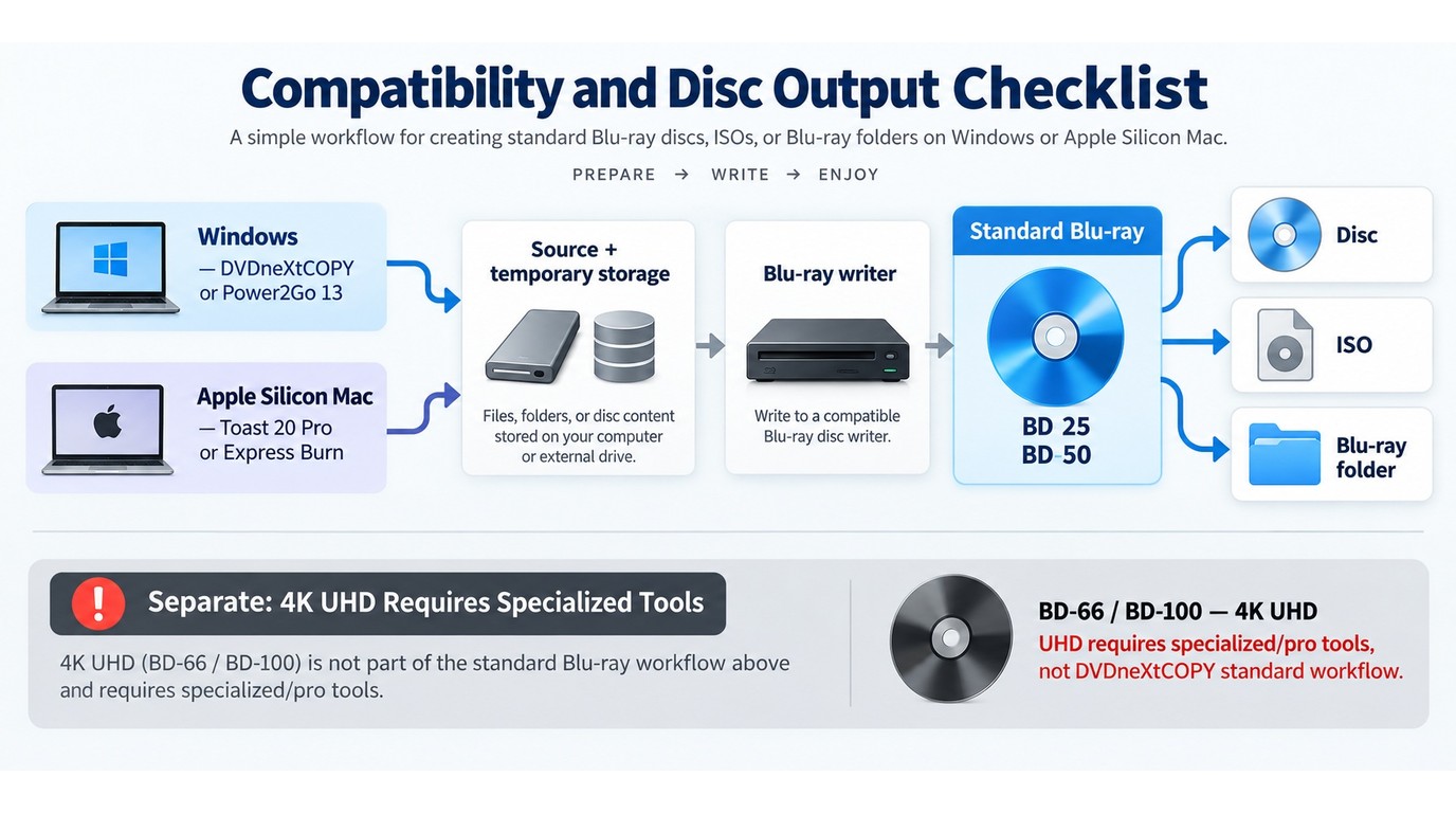 Blu-ray setup linking Windows, Mac, writers, media, ISO, and folders