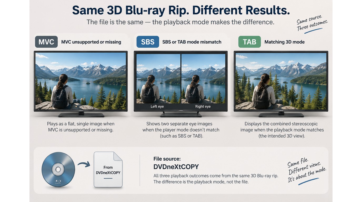 Why MVC, SBS, or TAB mismatches cause flat or doubled 3D video