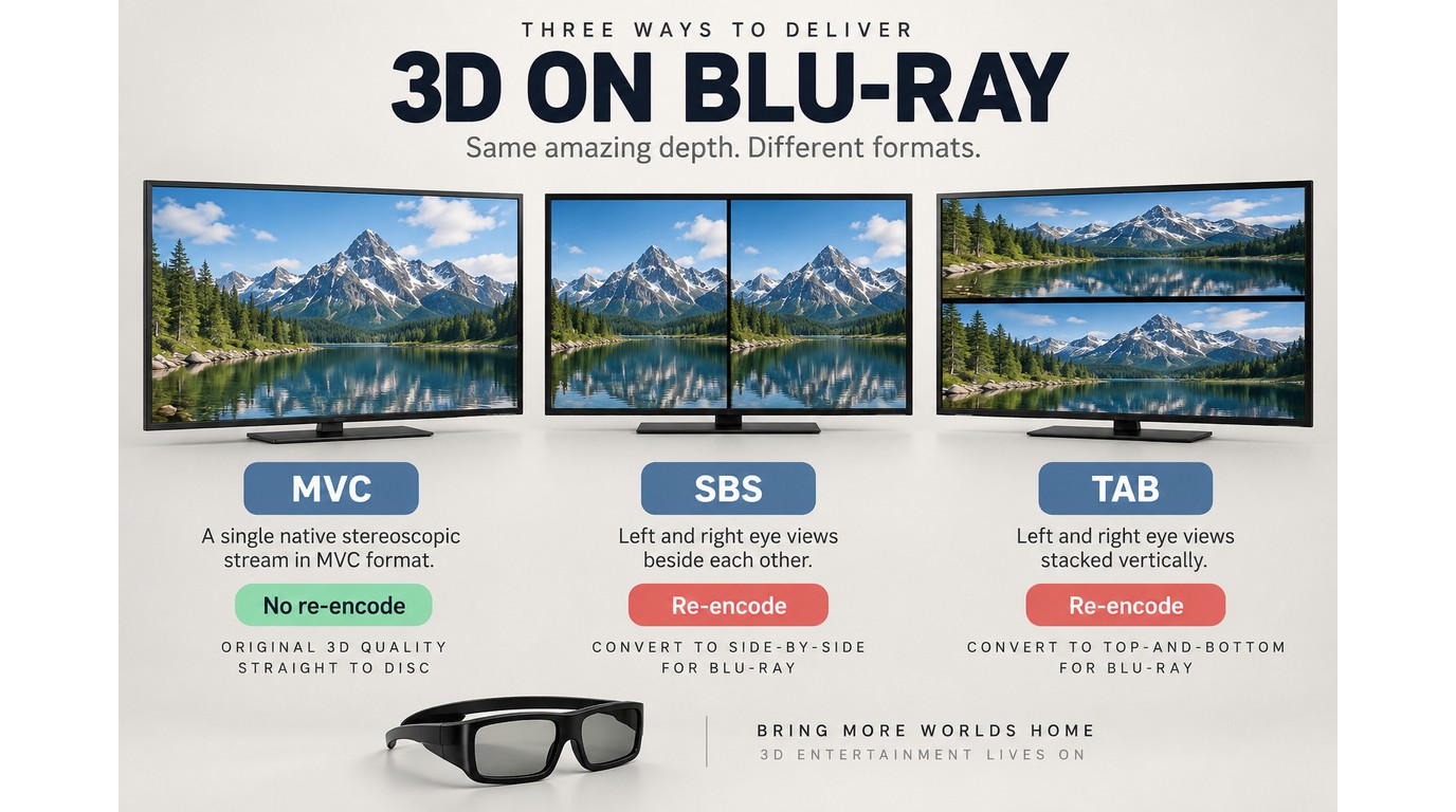 MVC, SBS, and TAB layouts for 3D Blu-ray playback