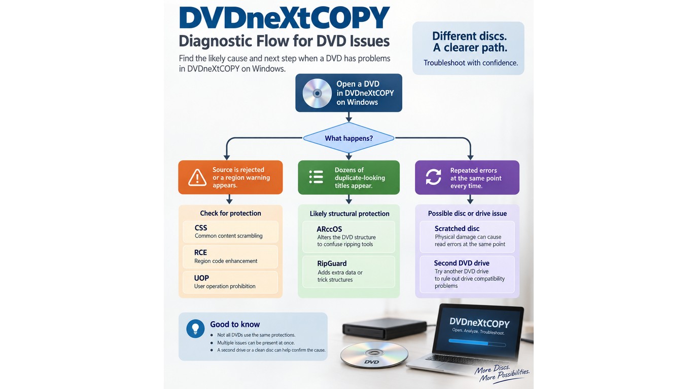 DVDneXtCOPY troubleshooting flow for protection, disc damage, and drive errors
