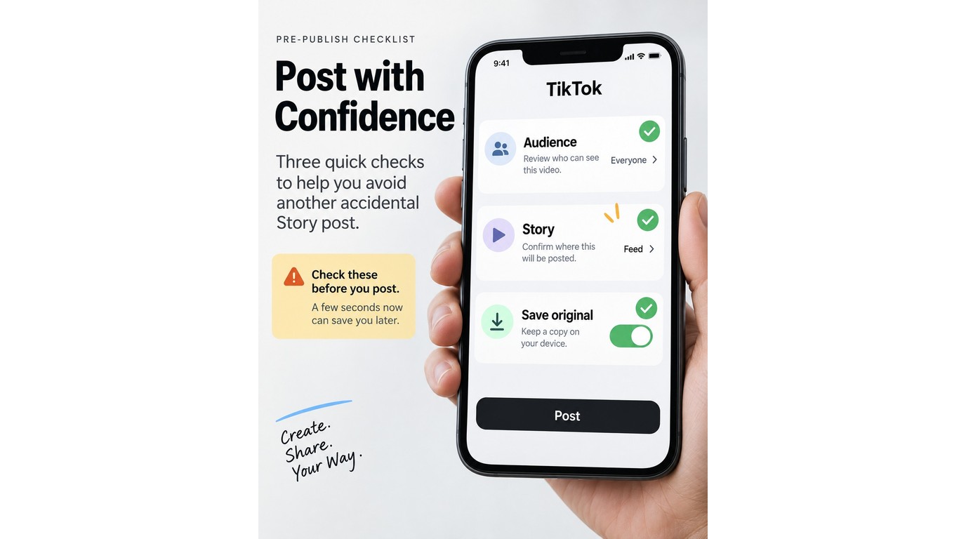TikTok posting checks for audience, Story destination, and a saved source file
