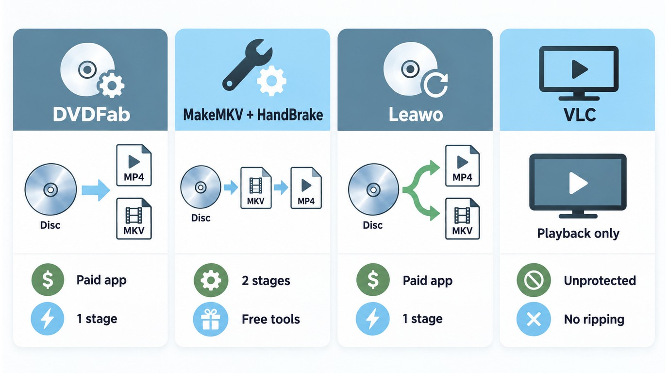 DVDFab, MakeMKV plus HandBrake, Leawo, and VLC compared by output, setup, and cost