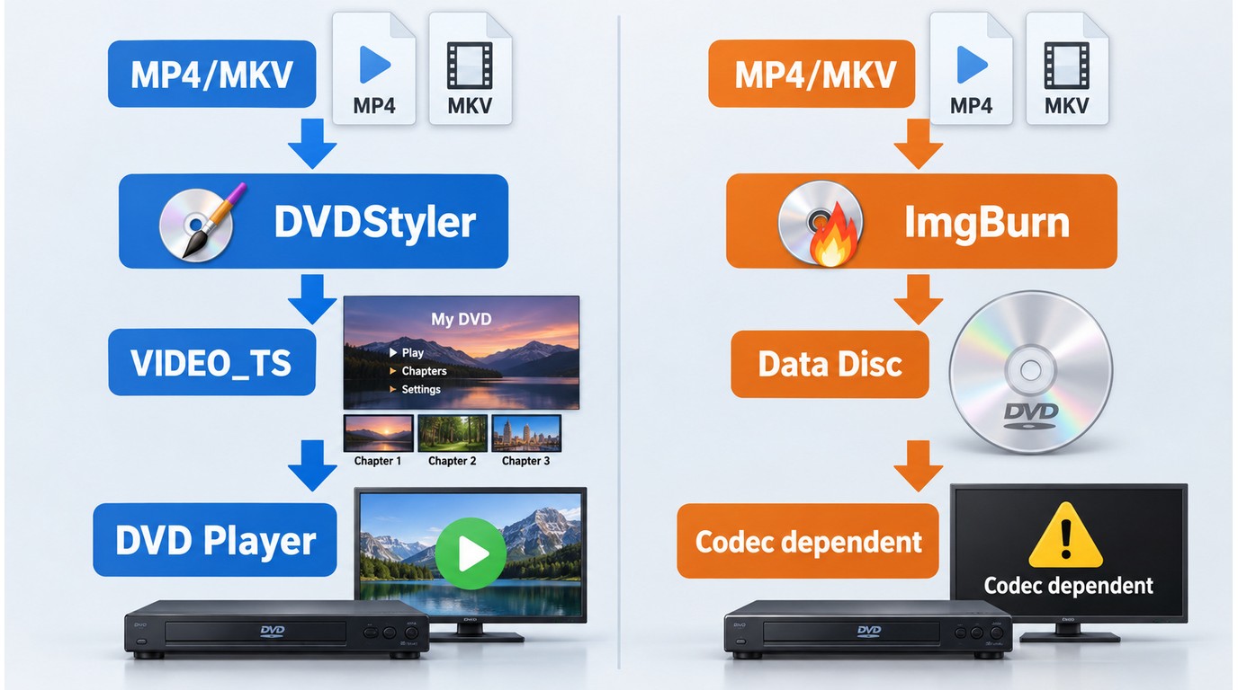 DVD-Video menus and chapters play on a DVD player, while a data disc stores MP4 and MKV files