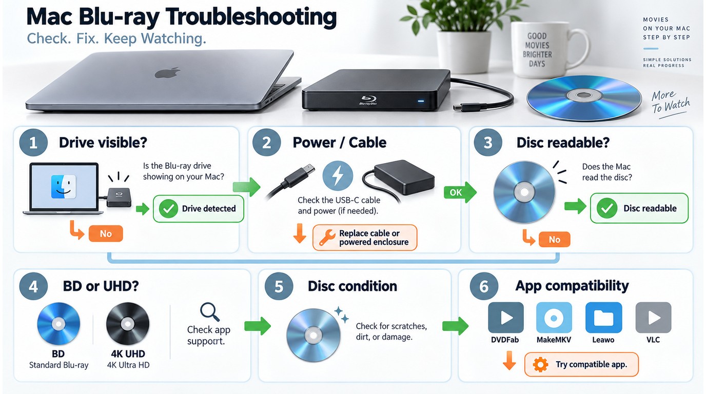 Mac Blu-ray troubleshooting from USB detection to disc type, power, and app compatibility