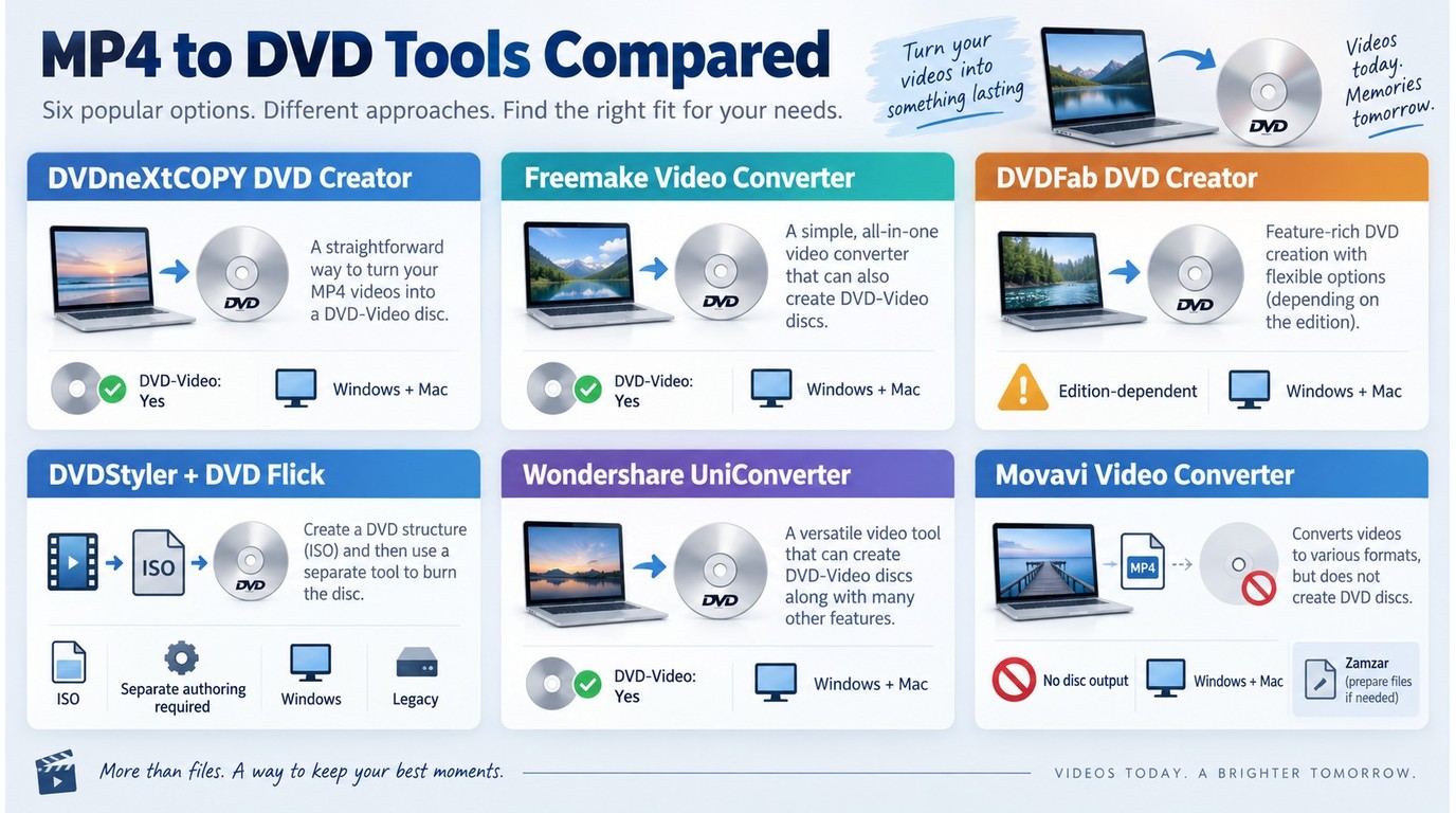 DVD authoring support across DVDneXtCOPY, DVDFab, DVDStyler, Movavi, and Zamzar